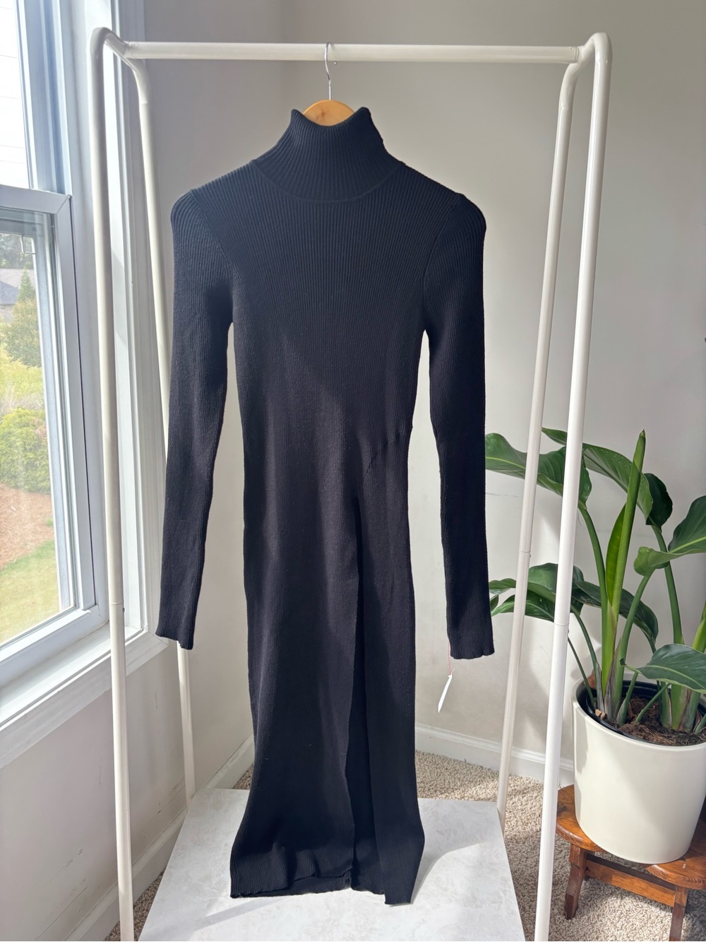 M3 ATSR The Label Black Turtleneck Ribbed Knit High Slit Dress Minimalist